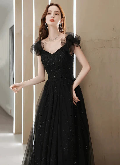 Black Tulle Beaded A-line Long Prom Dress